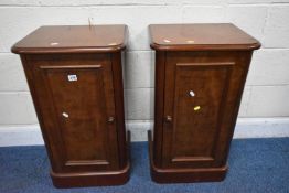 A PAIR OF OPPOSING VICTORIAN STYLE MAHOGANY BEDSIDE CABINETS, with single cupboard doors,