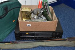 ONE BOX AND LOOSE MISCELLANEOUS ITEMS to include a pewter jug, a table lighter marked 'Berlin 1946 L