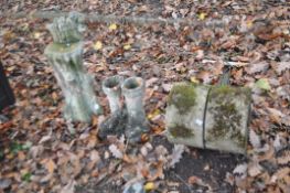 A VINTAGE CONCRETE AND CAST IRON GARDEN ROLLER along with a concrete boot planter and a concrete