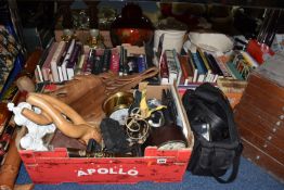 THREE BOXES AND LOOSE MIISCELLANEOUS SUNDRIES, to include a vintage rababa string instrument, a