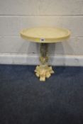 A RESIN LAMP TABLE, with a glass insert, depicting horse drawn carriages, scantily clad people,