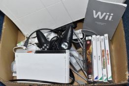 ONE BOX CONTAINING NINTENDO WII CONSOLE AND ACCESSORIES, included console, two remote controllers