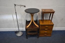 A SELECTION OF OCCASIONAL FURNITURE, to include an oak three drawer bedside, a side table, a musical