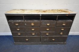 A LARGE BANK OF TWELVE SHORT OVER TWO LONG DRAWERS, with a white painted top, length 183cm x depth