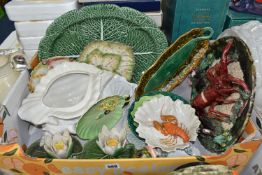 A BOX OF NOVELTY CERAMICS, to include a cabbage leaf meat plate, a Carlton Ware waterlily plate, two