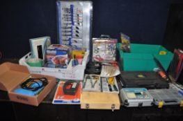 TWO TRAY CONTAINING TOOLS AND ACCESSORIES including a JCB file set, a Clarke drill sharpener, a Nail