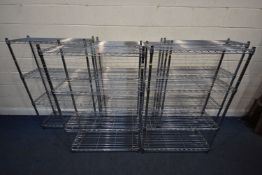 A SET OF FIVE CHROME FOUR TIER SHELVING UNITS, manufactured by 'shelf tech system', width 91cm x