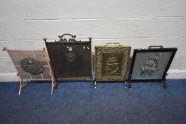 A COPPER FIRE SCREEN, height 75cm, a brass fire screen, along with two other metal fire screens,