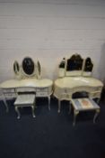 TWO CREAM PAINTED FRENCH DRESSING TABLES, each with a triple mirror and glass surface protector,