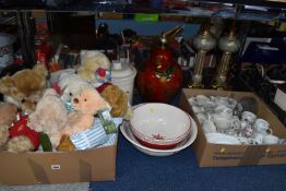 TWO BOXES AND LOOSE TEDDY BEARS, TABLE LAMPS, CERAMICS AND GLASS WARES, to include Harrods teddy