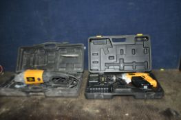 A JCB LAG2 9in ANGLE GRINDER in case and a JCB CD214 24v hammer drill with case, two discharged