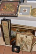 A SMALL QUANTITY OF ASSORTED PICTURES ETC, to include a miniature hand painted Madonna and baby on