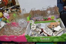 FIVE BOXES AND LOOSE ASSORTED GLASS, CERAMICS, AND ORNAMENTS to include three boxes of assorted