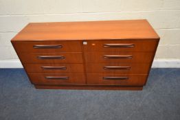 A MID-CENTURY TEAK G PLAN FRESCO SIDEBOARD / BANK OF EIGHT DRAWERS, width 142cm x depth 45cm x
