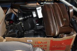A BOX OF CAMERAS AND ACCESSORIES AND A LOOSE TRIPOD to include a Pentax ME Super fitted with a 1:2