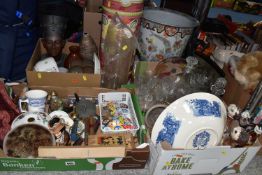 THREE BOXES AND LOOSE CERAMICS, GLASS AND SUNDRY ITEMS, to include a large jardiniere and stand, a