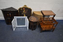 A SELECTION OF OCCASIONAL FURNITURE, to include an oak hanging corner cupboard, a gilt fire
