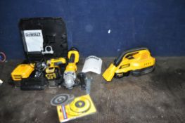 THREE DeWALT 18V POWER TOOLS comprising of a DC988 drill with case and charger, a DC411 angle