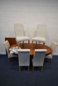 A REPRODUCTION YEW WOOD OVAL TWIN PEDESTAL EXTENDING DINING TABLE, with one additional leaf,
