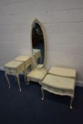 A SELECTION OF CREAM PAINTED FRENCH BEDROOM FURNITURE, to include a cheval mirror, with a single