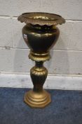 A BRASS PLANTER ON STAND, with a bulbous bowl, wavy edges, raised on a stepped base, height 66cm,