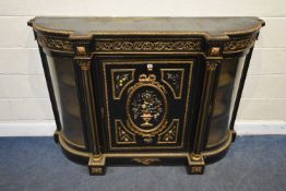 A 19TH CENTURY EBONISED CREDENZA, with brass beading and decorations, the Corinthian reeded