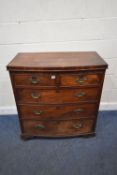 A 19TH CENTURY MAHOGANY BOW FRONT CHEST OF TWO SHORT OVER THREE LONG DRAWERS, raised on bracket