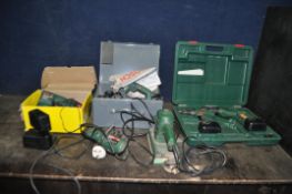 A COLLECTION OF BOSCH POWER TOOLS comprising of a 12v drill and driver set with charger and three