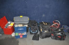 THREE TOOLBOXES AND SIX TOOL BAGS CONTAINING TOOLS including electrical accessories and tools,