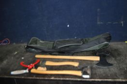 A BAG CONTAINING OCHSENKOPF AND HULTAFORS AXES comprising of an E2 double headed axe, a 0.65 2 and a