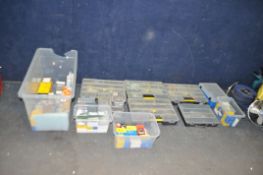 FOUR BOXES AND SIX HARDWARE TRAYS containing screw, brads, staples, bolts, hardware and drum sanding