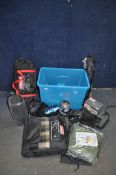 A BOX CONTAINING MOSTLY COLEMANS CAMPING EQUIPMENT including a Rock Springs 4 tent, a carpet, an