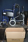 AN ELITE CARE FOLDING WHEELCHAIR with two footrests and a Days rollator (2)