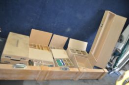 A COLLECTION OF BESPOKE MDF ACCESSORY BOXES some with screws, paint, tools and one long to hold