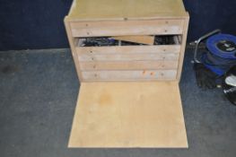 A MODERN PLYWOOD CARPENTERS TOOLCHEST with six internal drawers containing drill bits, marking