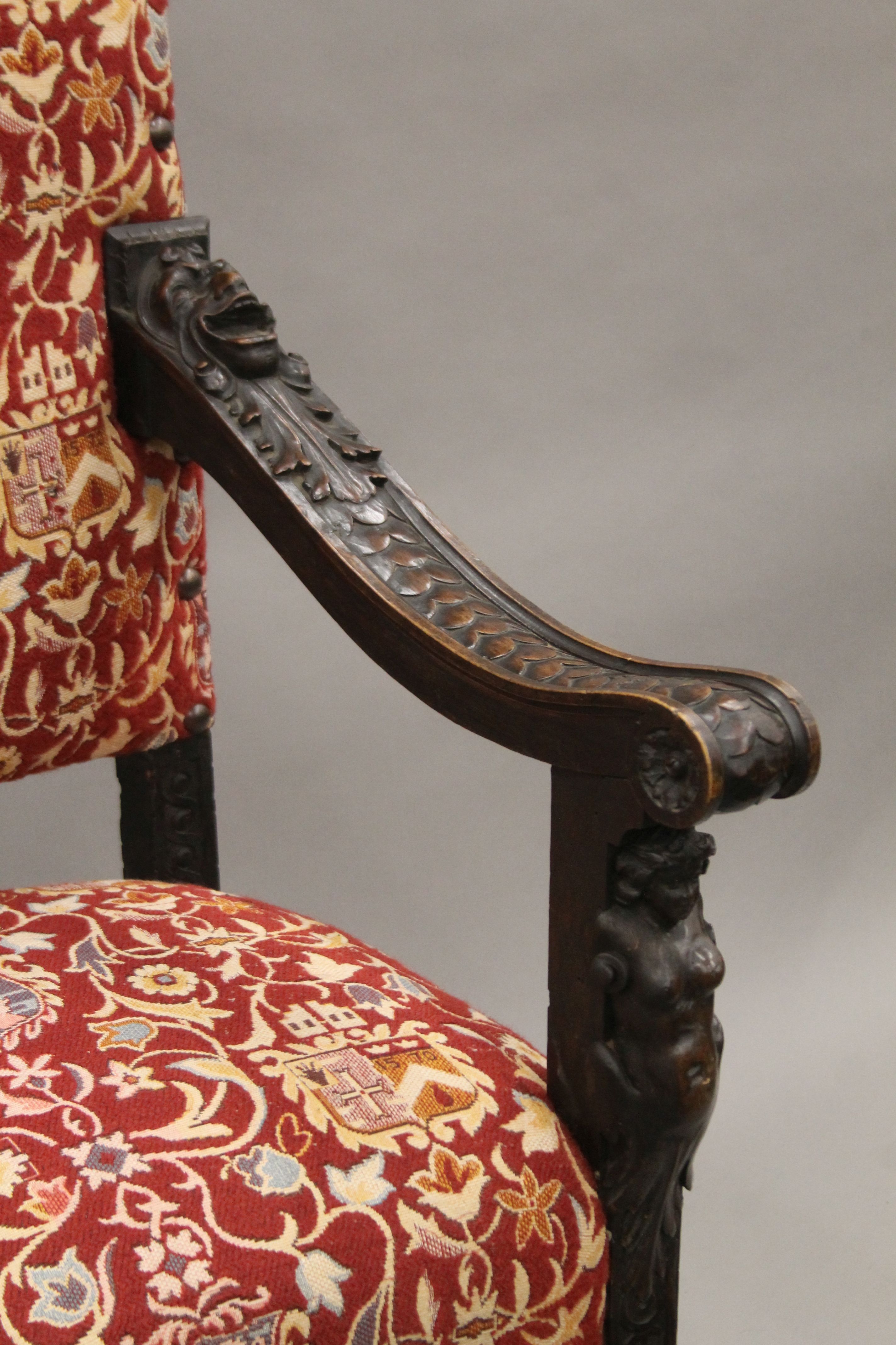 A 19th century carved walnut open armchair. 66 cm wide. - Image 7 of 13