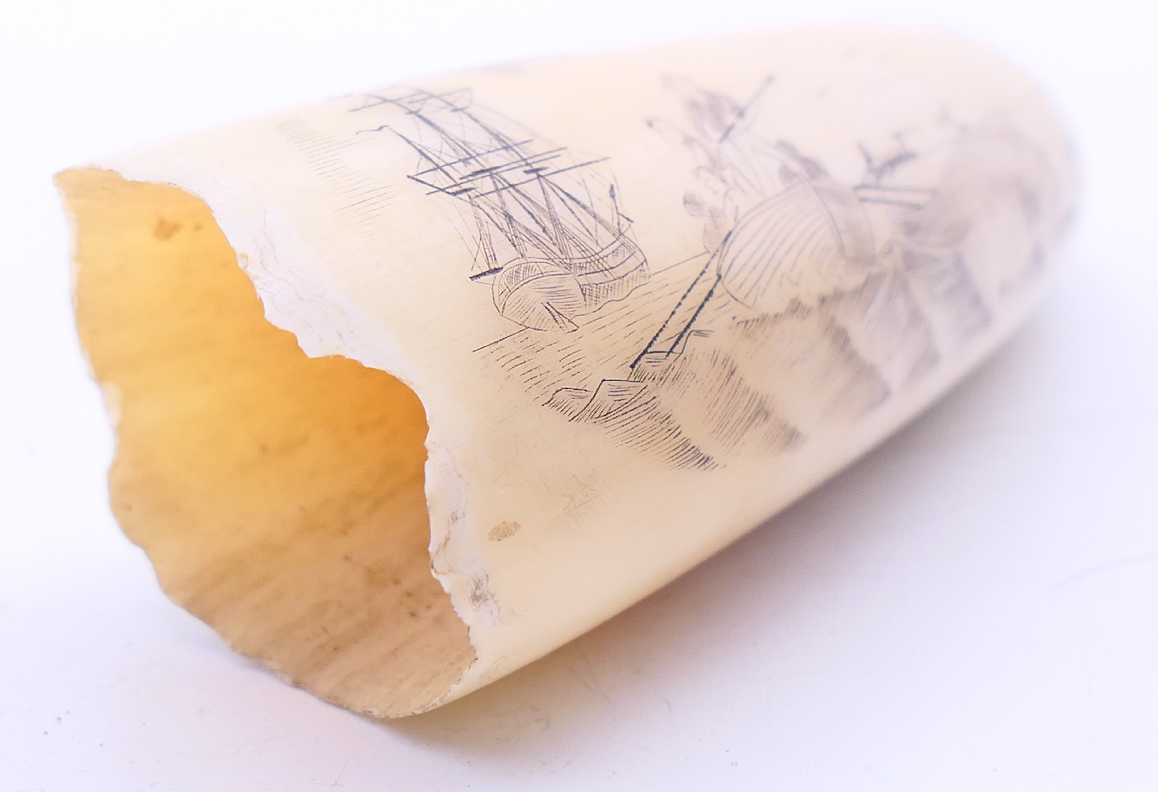 A scrimshaw whales tooth, one side engraved with a ship and boats, the other inscribed RACHEL. - Image 3 of 5