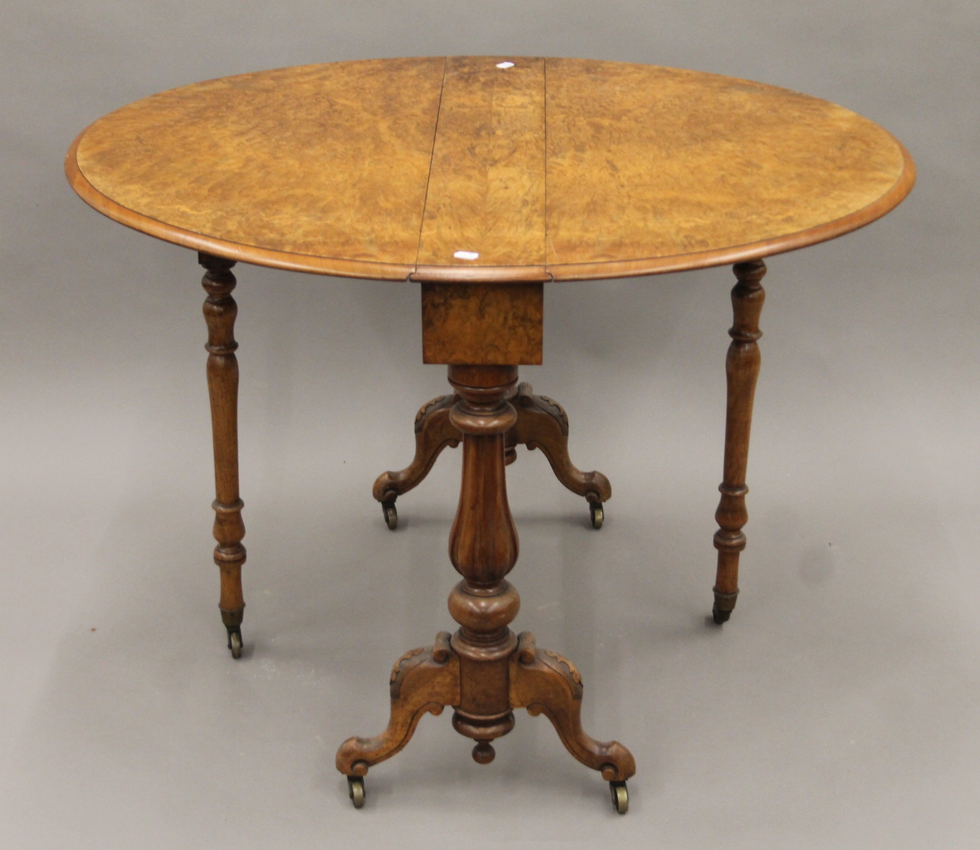 A Victorian burr walnut Sutherland table. 17 cm wide with flaps down. - Image 3 of 6