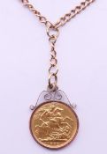 An 1893 sovereign pendant on a 9 ct gold chain. Pendant 2.3 cm diameter, chain 46 cm long. 35.