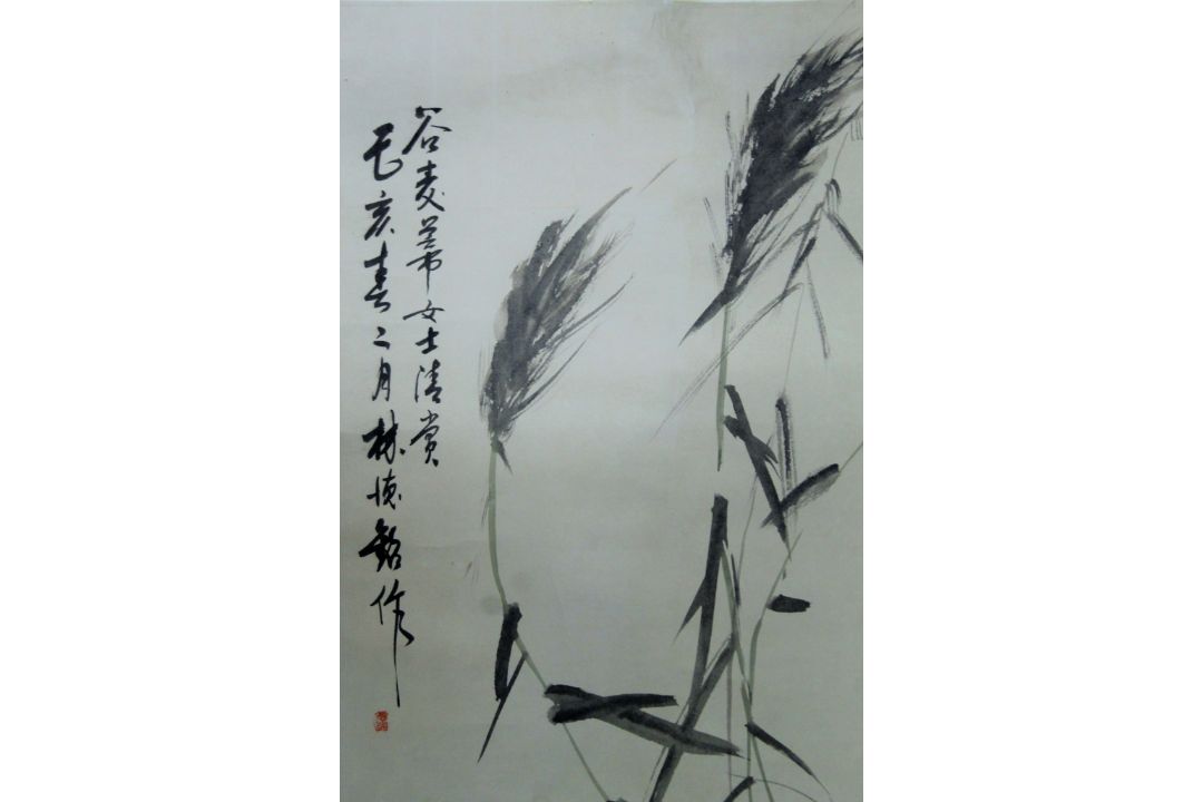 'Chicks', Chinese ink and colour scroll painting on paper, silk-mounted. 92 x 43 cm. - Image 2 of 4