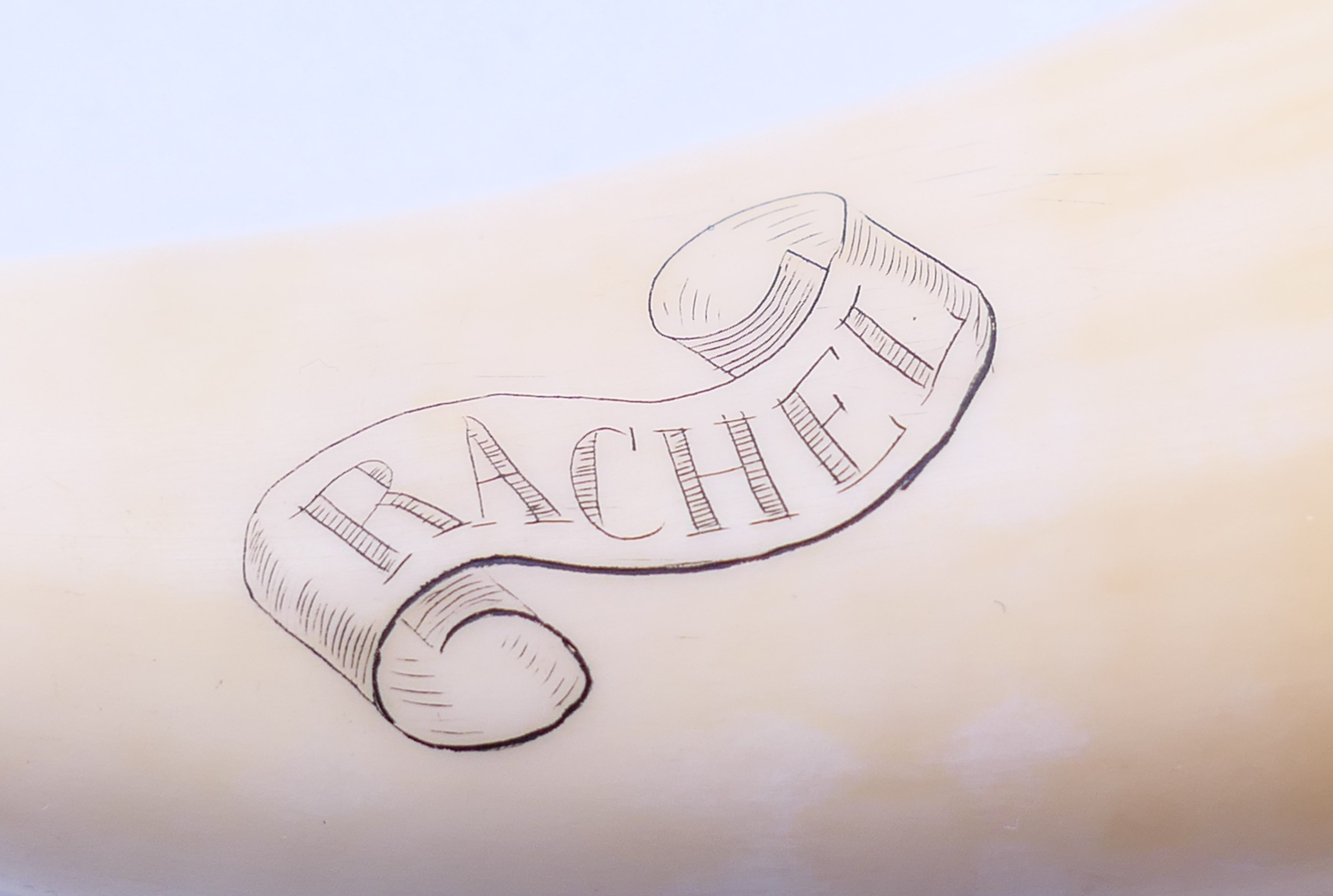 A scrimshaw whales tooth, one side engraved with a ship and boats, the other inscribed RACHEL. - Image 5 of 5