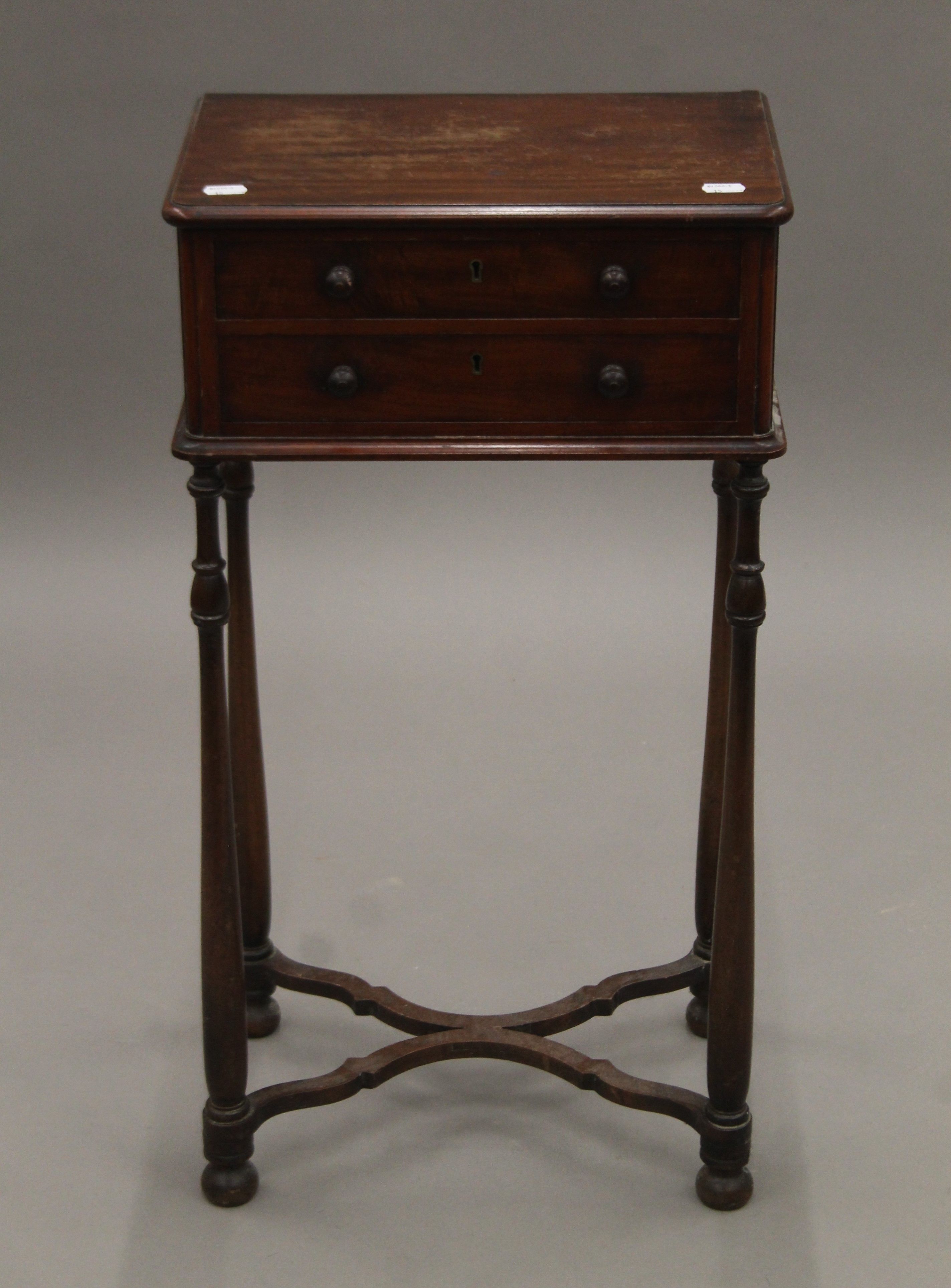 A Victorian mahogany two-drawer side table. 38 cm wide.