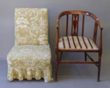 An Edwardian tub arm chair, a nursing chair and a folding chair. The former 51 cm wide.