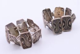 Two Mexican silver Art Deco-style bracelets. 19 cm long x 3 cm high and 18 cm long x 2.