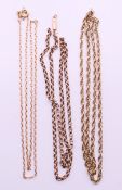 Three 9 ct gold chains. Rope chain 48 cm long, cable chain 43 cm long, other chain 46 cm long.