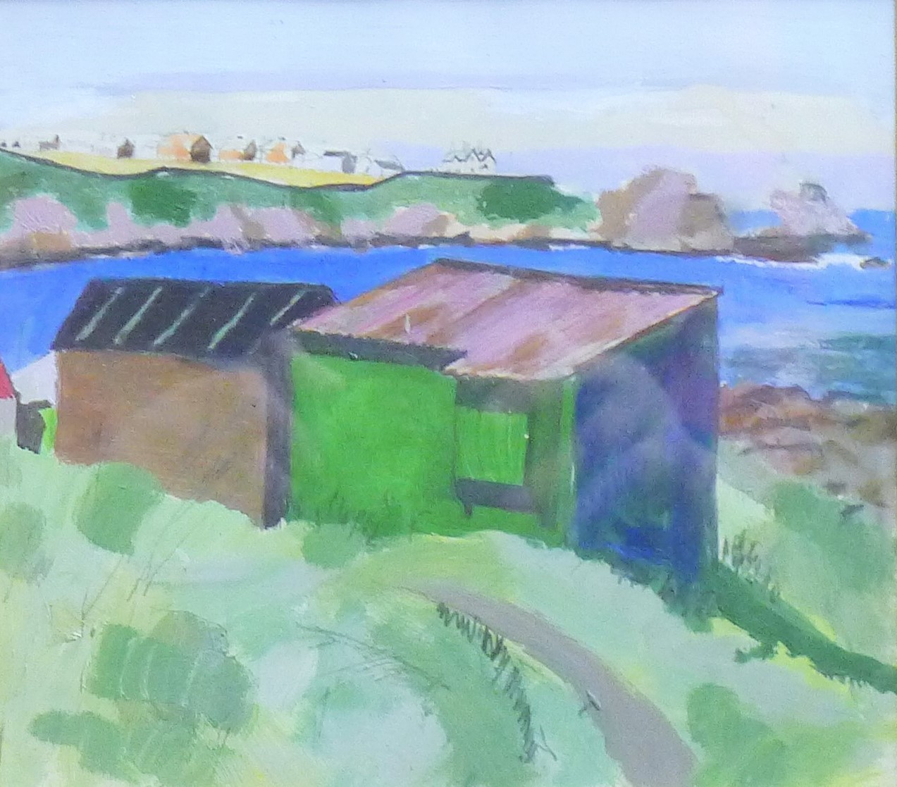 KNIGHTS, HERBERT (20th/21st century) British (AR) "St Abbs Bay Beach Huts", acrylic on board,
