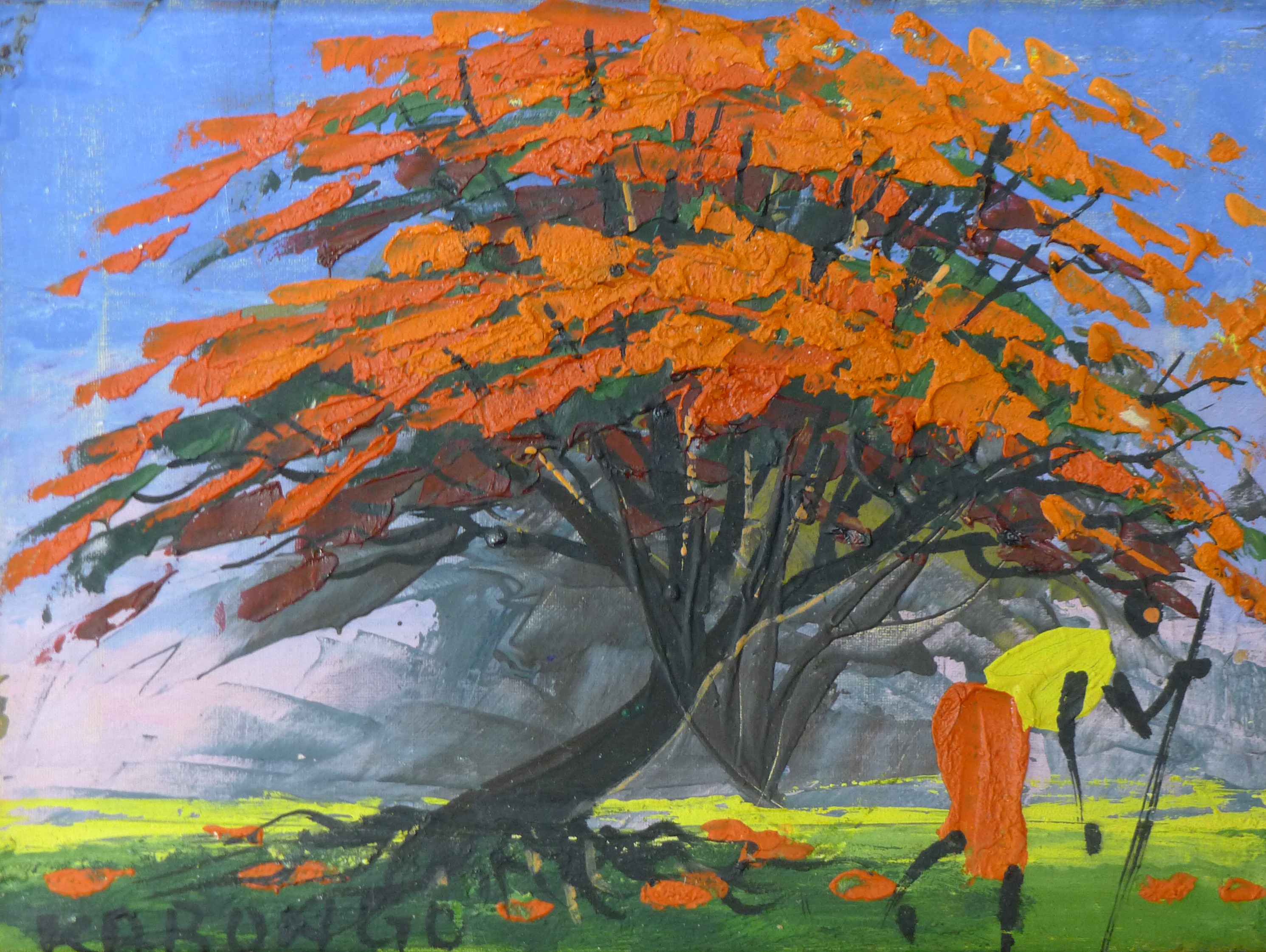 KABONGO (Angolan), "Red Tree", oil on canvas, signed and framed. 15 20 cm.