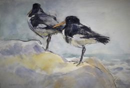 ATKINSON, KIM (born 1962) British (AR), Oyster Catchers, Ynys Enlli, watercolour and charcoal,