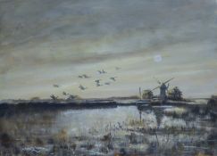 LISHMAN, JAMES (1931-2024) British (AR), Brent Geese Rising On Broads, oil on board, signed.