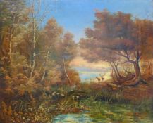 KRAUTMANN, RICHARD (19th/20th Century) German, Deer beside a Lake, oil on canvas, signed and framed.